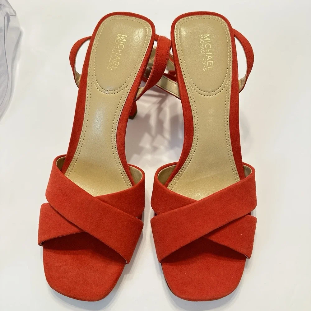 Michael Kors Cara Sandal Heels Suede Leather‎ Bright Red Women's Sz 9.5M Strappy